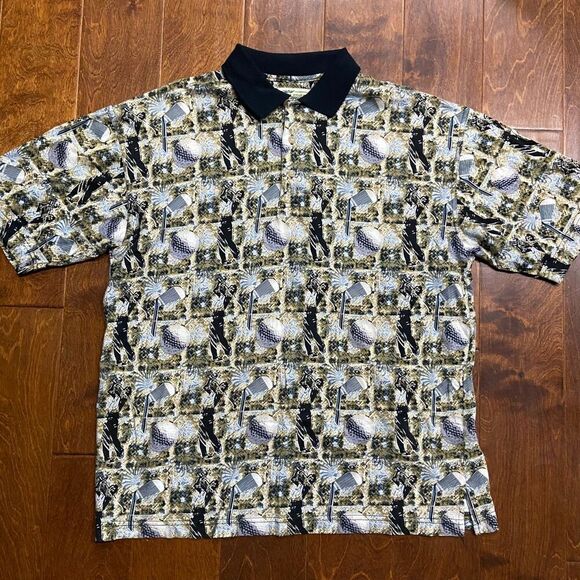 Natural Issue Vintage 90s AOP Golf Navy Tan Polo Shirt Mens Size Medium - Picture 3 of 8